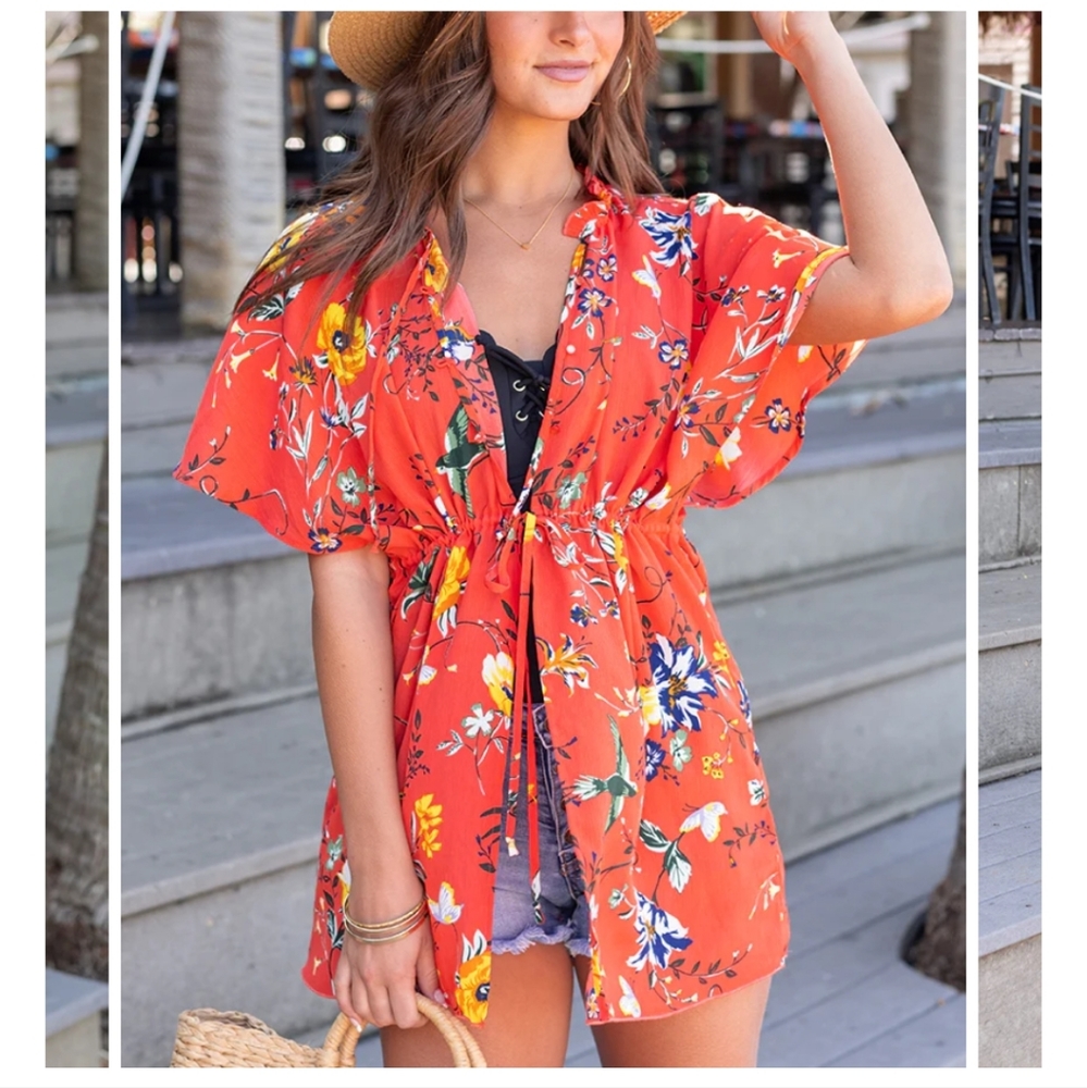 uvb cover up kimono in coral floral